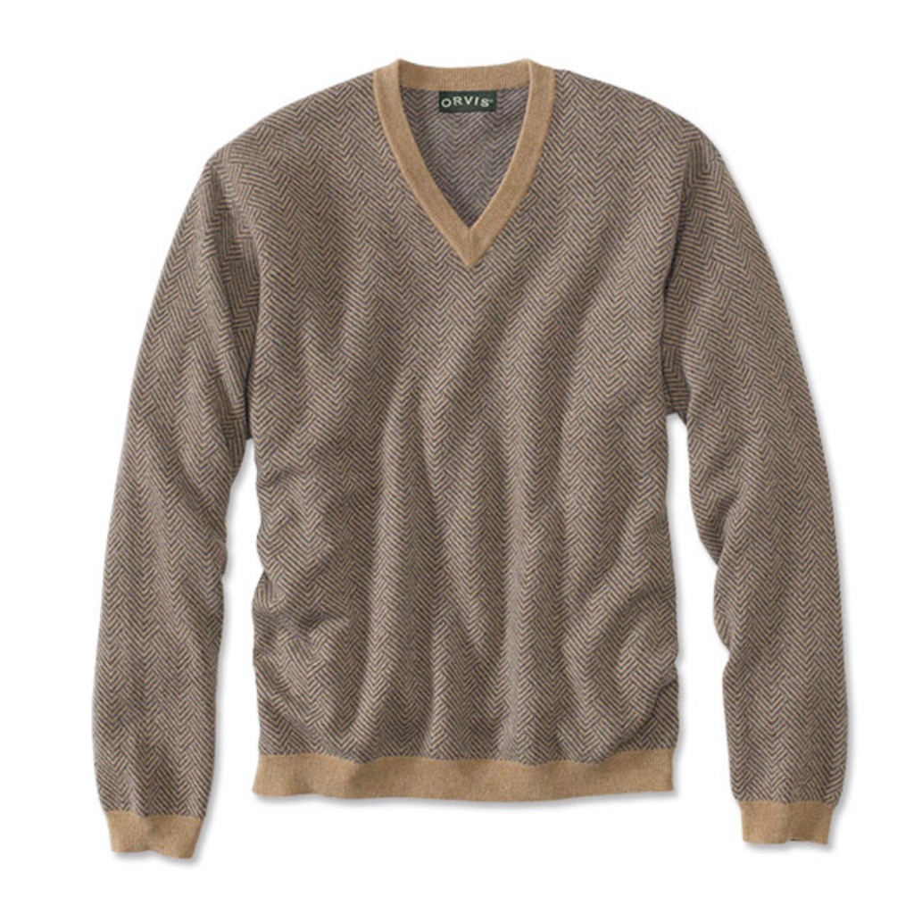 Orvis Men's Tan V-Neck Herringbone 100% Cashmere Sweater